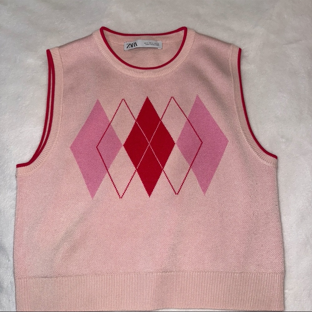 Zara Pink and Red Argyle Knit Vest